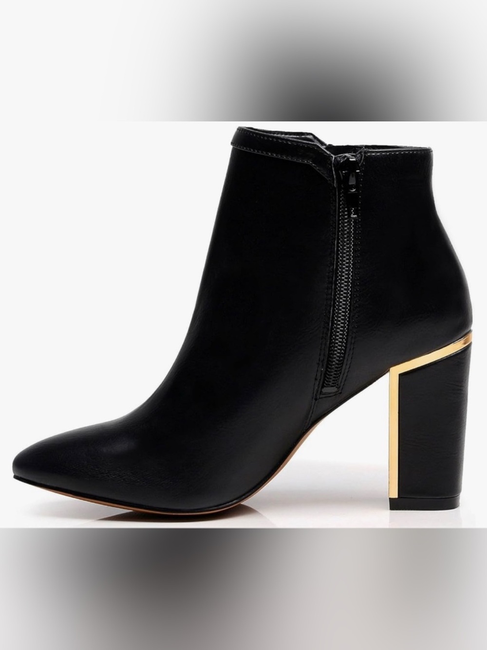 Black Ankle Bootie with Gold Block Heel and Side Zip